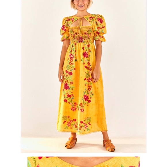 FARM Rio Yellow Flower Dream Puff Sleeve Maxi Dress NWT - XS - Picture 1 of 11